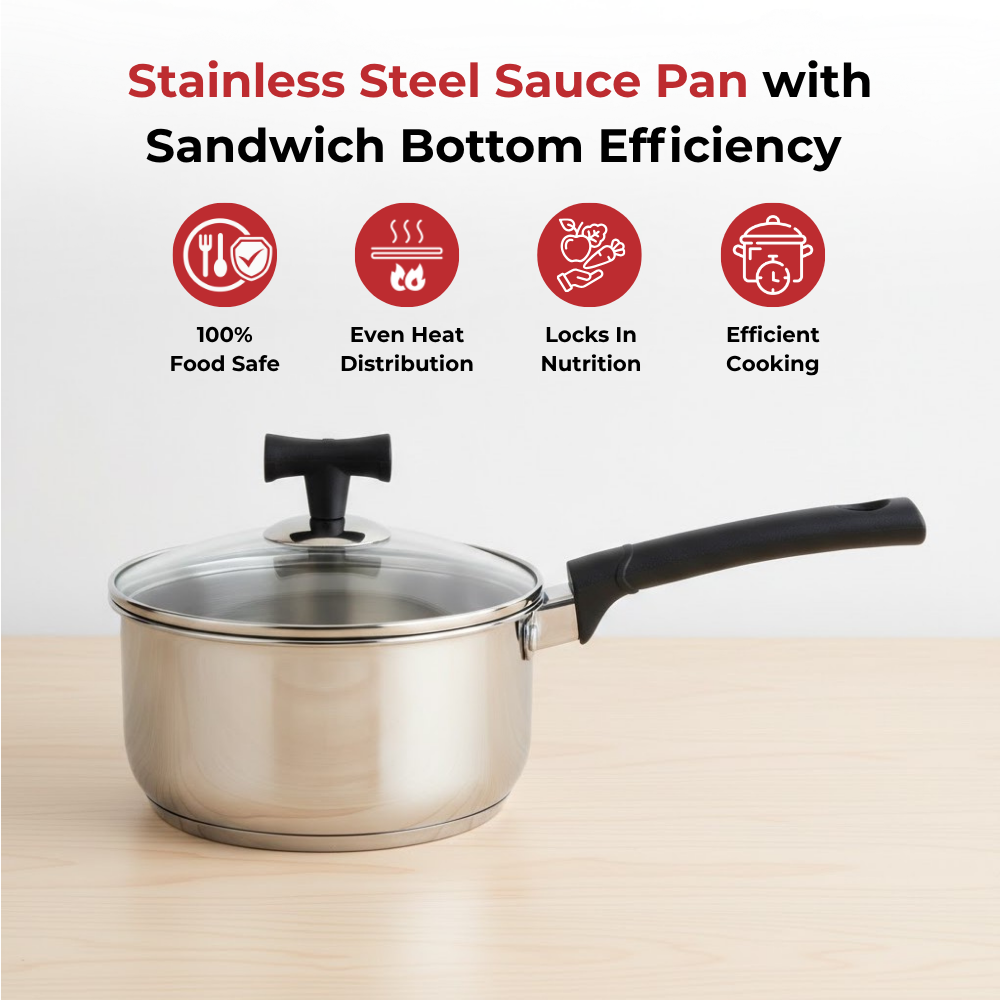Vinod Doniv Stainless Steel Sandwich Bottom Solitaire Sauce Pan with Glass Lid, top view