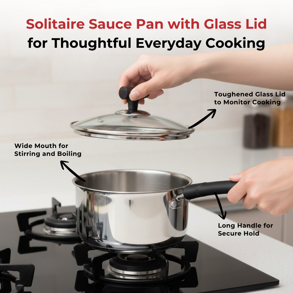Vinod Doniv Stainless Steel Sandwich Bottom Solitaire Sauce Pan with Glass Lid, close-up detail