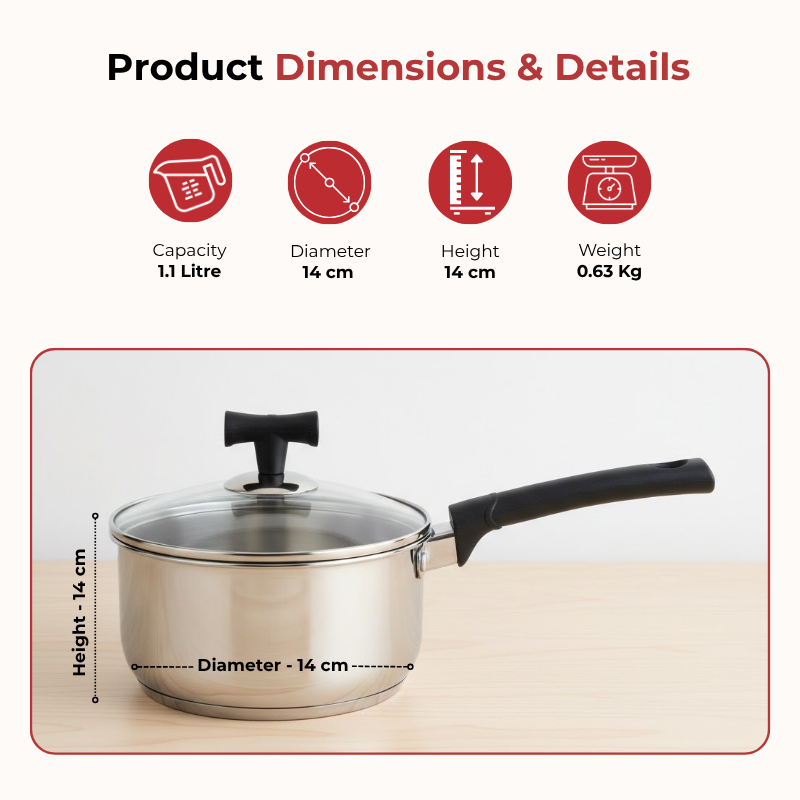 VINOD – DONIV Stainless Steel Sandwich Bottom Solitaire Sauce Pan with Glass Lid  – Induction Friendly – Capacity 1.1 Ltr (14cm)