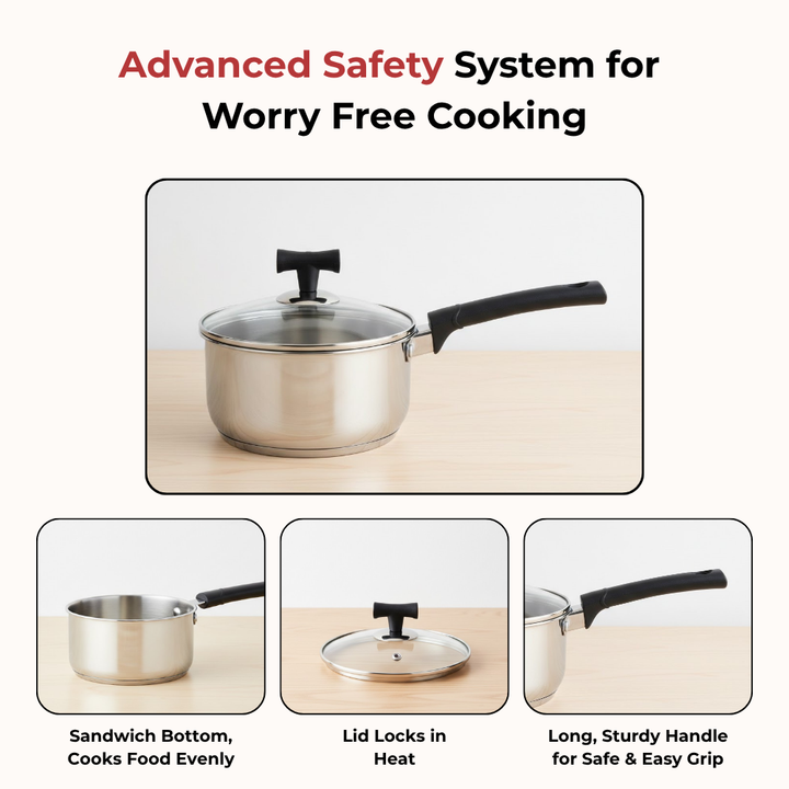 विनोद - डोनिव स्टेनलेस स्टील सैंडविच बॉटम सॉलिटेयर सॉस पैन ग्लास लिड के साथ - इंडक्शन फ्रेंडली - क्षमता 1.4 लीटर (16 सेमी)