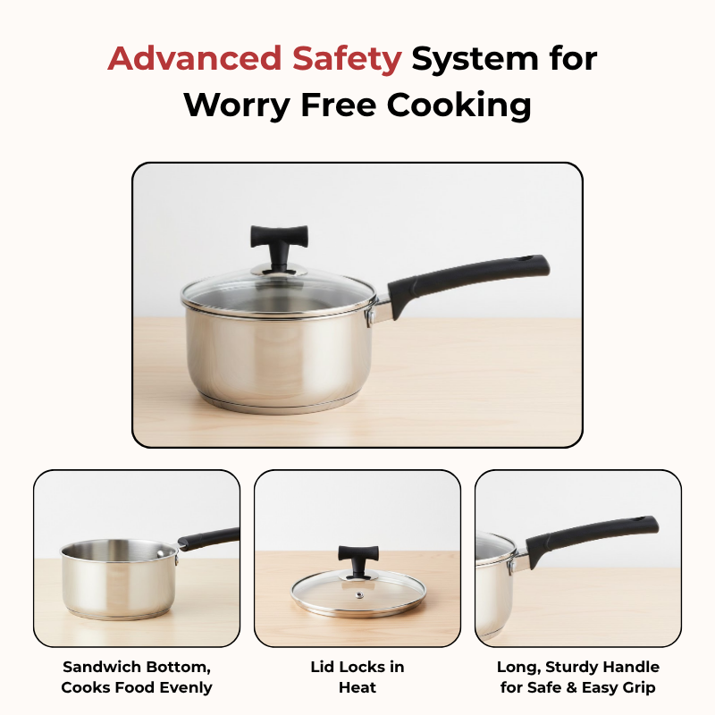 विनोद - डोनिव स्टेनलेस स्टील सैंडविच बॉटम सॉलिटेयर सॉस पैन ग्लास लिड के साथ - इंडक्शन फ्रेंडली - क्षमता 1.4 लीटर (16 सेमी)