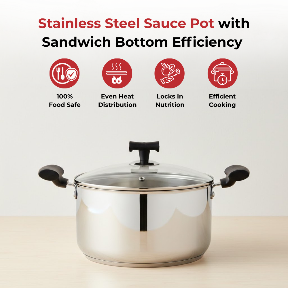 Vinod Doniv Stainless Steel Sandwich Bottom Solitaire Sauce Pot with Glass Lid & Side handle, top view