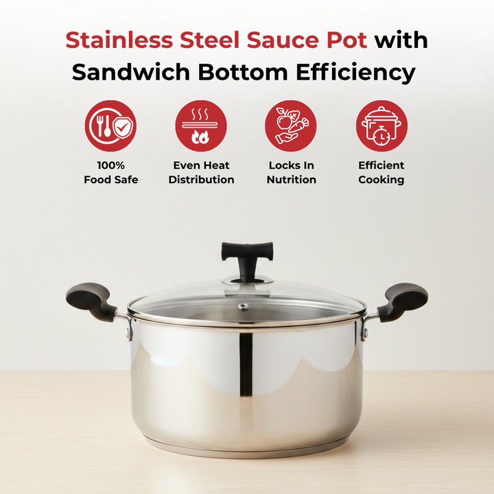 VINOD – DONIV Stainless Steel Sandwich Bottom Solitaire Sauce Pot with Glass Lid & Side handle, Induction Friendly, Capacity 1.4 Ltr (16cm)