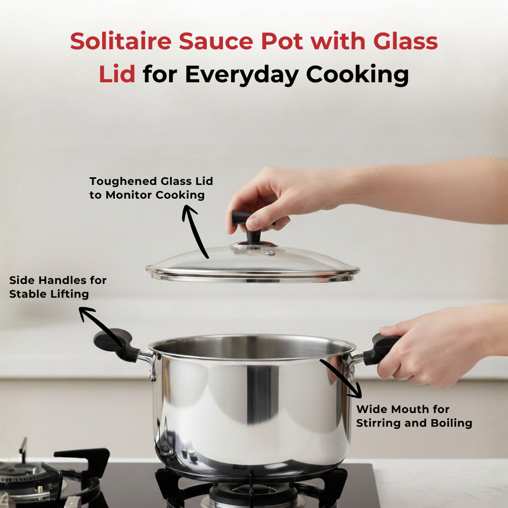 Vinod Doniv Stainless Steel Sandwich Bottom Solitaire Sauce Pot with Glass Lid & Side handle, close-up detail