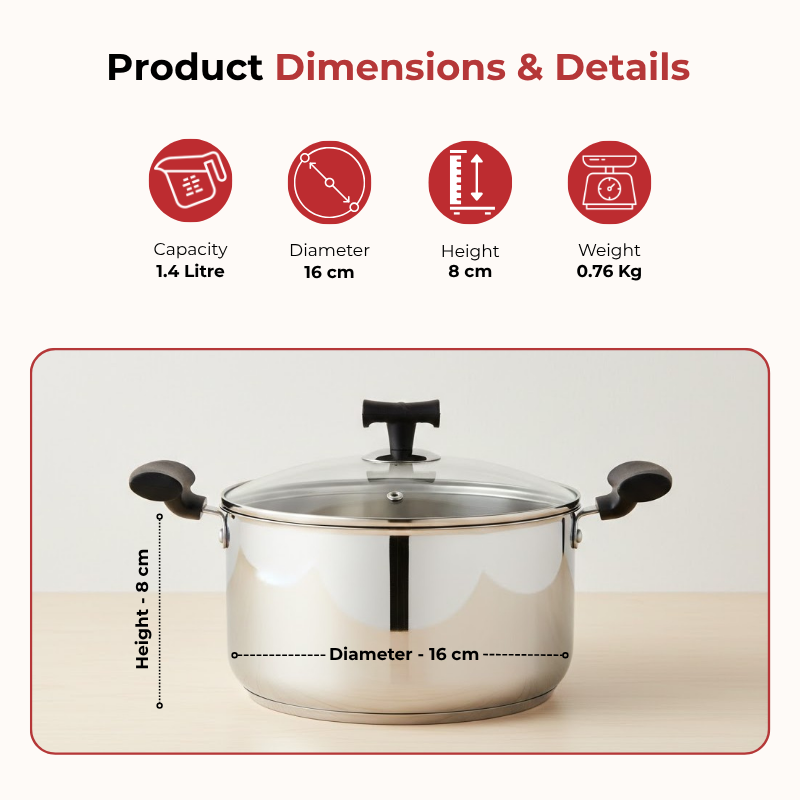 VINOD – DONIV Stainless Steel Sandwich Bottom Solitaire Sauce Pot with Glass Lid & Side handle, Induction Friendly, Capacity 1.4 Ltr (16cm)