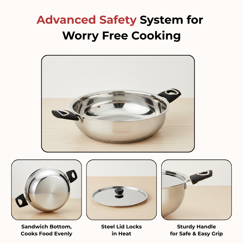VINOD - DONIV Stainless Steel Sorrento Sandwich Bottom Kadai with Steel Lid 24 cm – Capacity 3.5 Liter -Induction Friendly