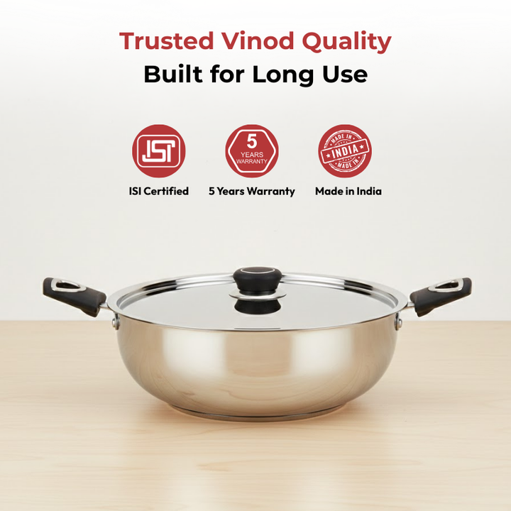 VINOD - DONIV Stainless Steel Sorrento Sandwich Bottom Kadai with Steel Lid 24 cm – Capacity 3.5 Liter -Induction Friendly