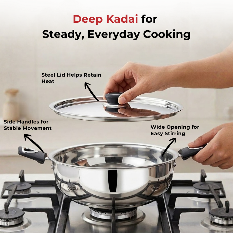 Vinod Doniv Stainless Steel Sorrento Sandwich Bottom Kadai with Lid, in-use view