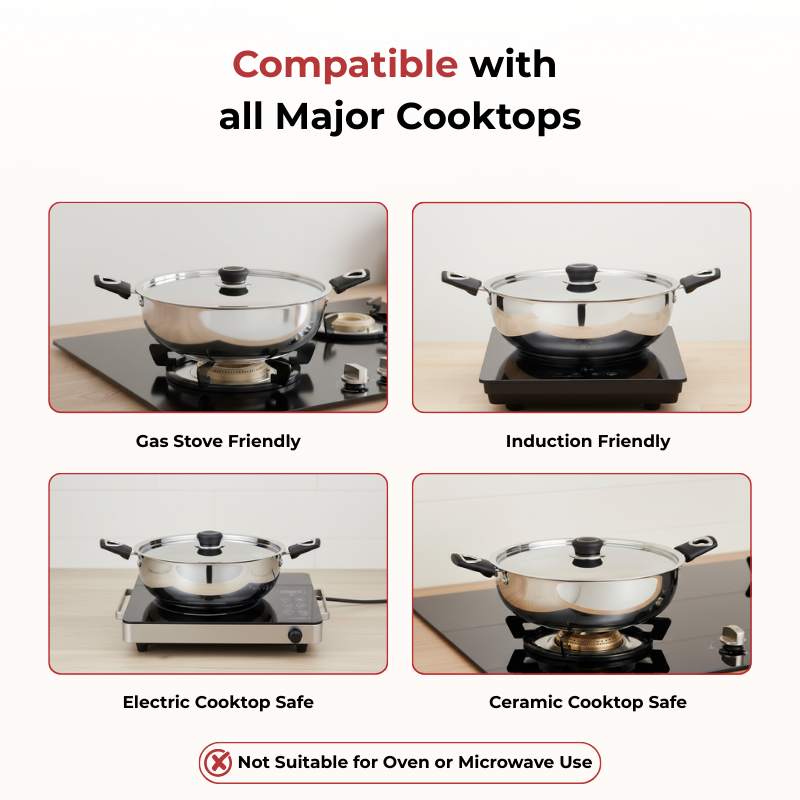 VINOD - DONIV Stainless Steel Sorrento Sandwich Bottom Kadai with Steel Lid 24 cm – Capacity 3.5 Liter -Induction Friendly
