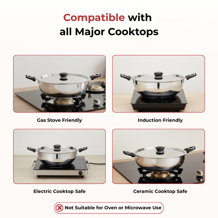 VINOD - DONIV Stainless Steel Sorrento Sandwich Bottom Kadai with Steel Lid 24 cm – Capacity 3.5 Liter -Induction Friendly