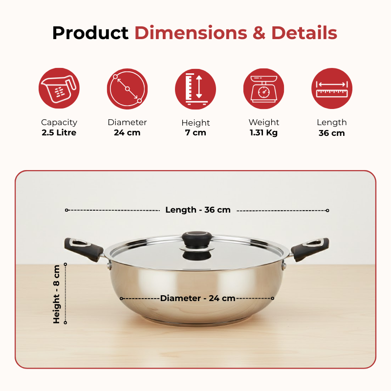 VINOD - DONIV Stainless Steel Sorrento Sandwich Bottom Kadai with Steel Lid 24 cm – Capacity 3.5 Liter -Induction Friendly