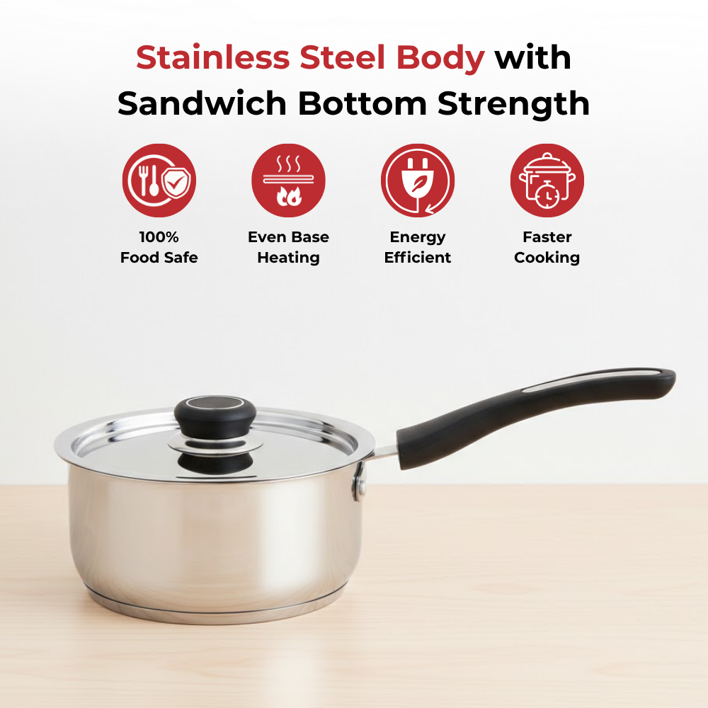Vinod Doniv Stainless Steel Sorrento Sandwich Bottom Saucepan with Steel Lid, top view