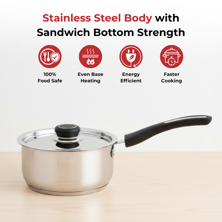 VINOD DONIV Stainless Steel Sorrento Sandwich Bottom Saucepan with Steel Lid 2200 ml, 18 cm, Induction Ready & Dishwasher safe