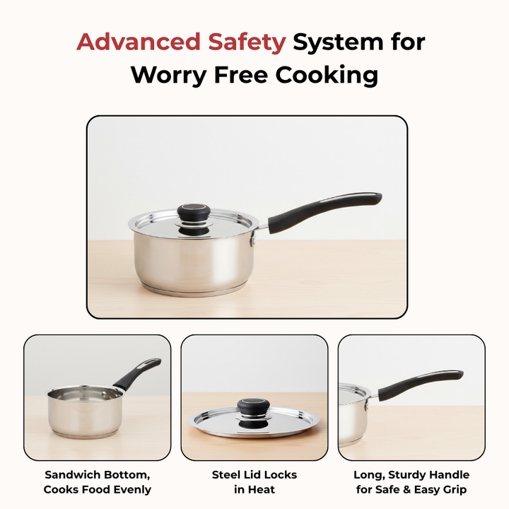 VINOD DONIV Stainless Steel Sorrento Sandwich Bottom Saucepan with Steel Lid 2200 ml, 18 cm, Induction Ready & Dishwasher safe