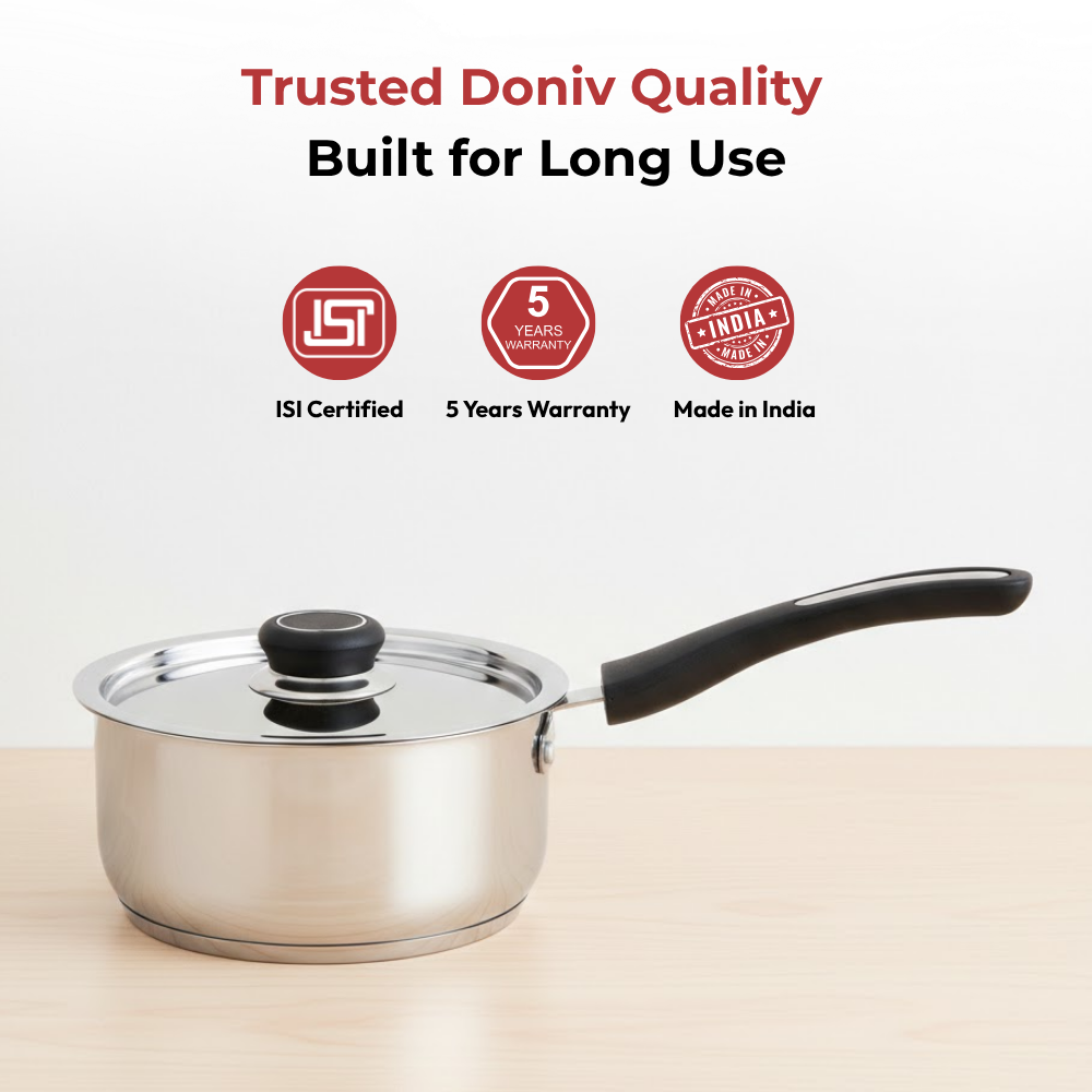 Vinod Doniv Stainless Steel Sorrento Sandwich Bottom Saucepan with Steel Lid, angled view