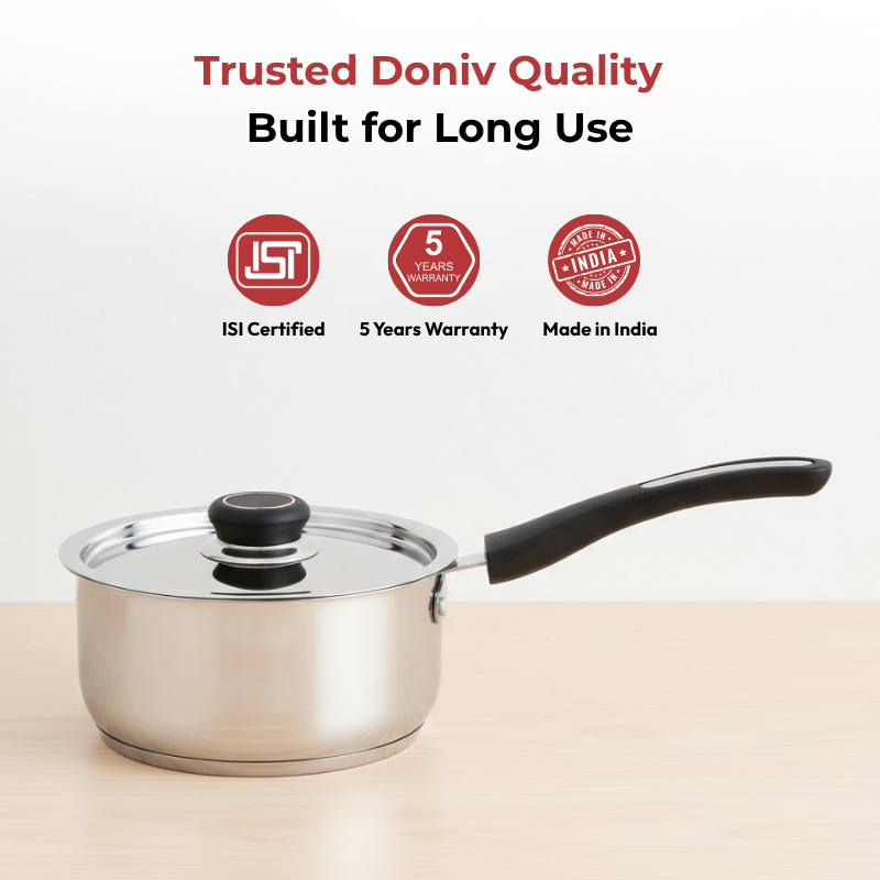 VINOD DONIV Stainless Steel Sorrento Sandwich Bottom Saucepan with Steel Lid 2200 ml, 18 cm, Induction Ready & Dishwasher safe