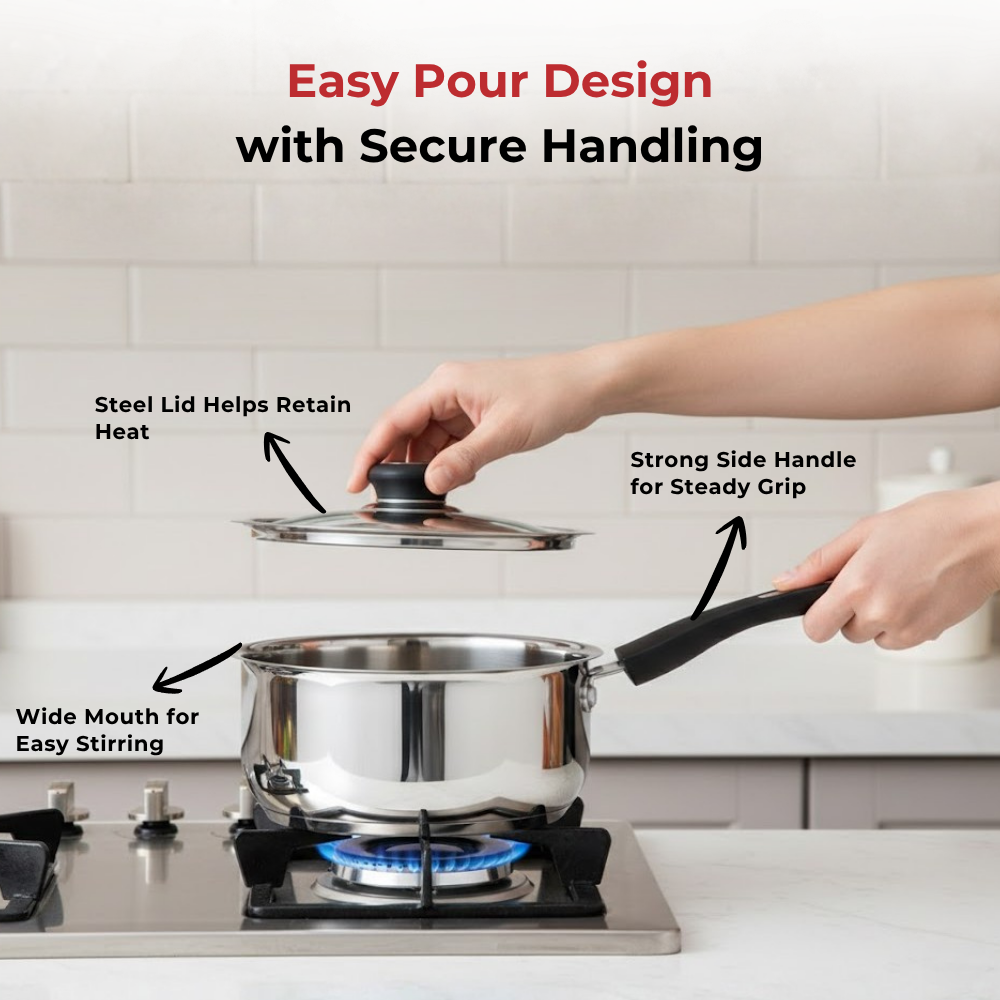 Vinod Doniv Stainless Steel Sorrento Sandwich Bottom Saucepan with Steel Lid, close-up detail
