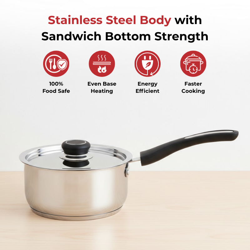 VINOD DONIV Stainless Steel Sorrento Sandwich Bottom Saucepan with Steel Lid 2200 ml, 18 cm, Induction Ready & Dishwasher safe