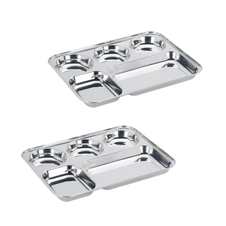 विनोद स्टेनलेस स्टील 5 कम्पार्टमेंट मेस ट्रे गोल किनारों के साथ / आयताकार स्टील थाली / लंच और डिनर प्लेट / भोजन थाली - 2 पीस 