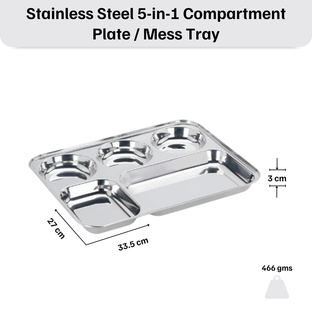 विनोद स्टेनलेस स्टील 5 कम्पार्टमेंट मेस ट्रे गोल किनारों के साथ / आयताकार स्टील थाली / लंच और डिनर प्लेट / भोजन थाली - 2 पीस 