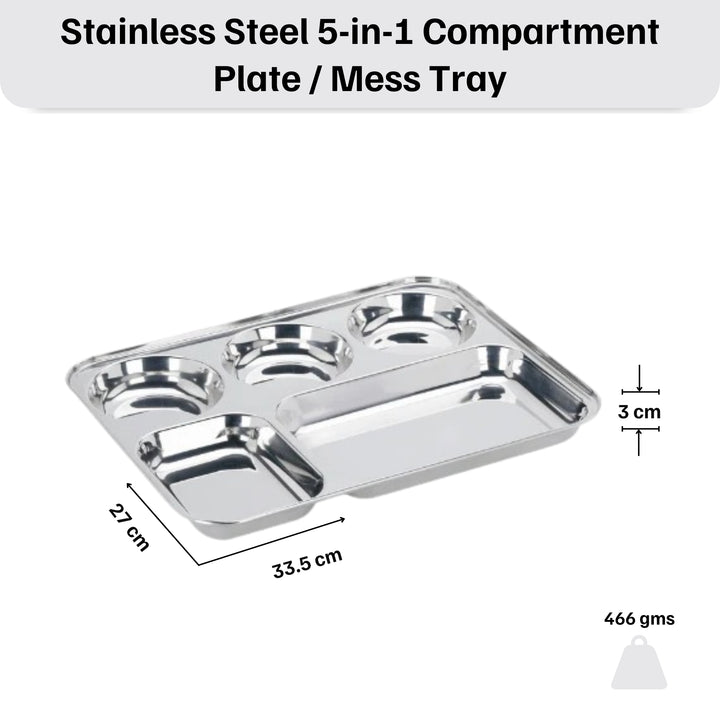 विनोद स्टेनलेस स्टील 5 कम्पार्टमेंट मेस ट्रे गोल किनारों के साथ / आयताकार स्टील थाली / लंच और डिनर प्लेट / भोजन थाली - 2 पीस 