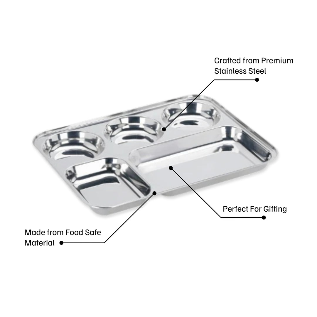 विनोद स्टेनलेस स्टील 5 कम्पार्टमेंट मेस ट्रे गोल किनारों के साथ / आयताकार स्टील थाली / लंच और डिनर प्लेट / भोजन थाली - 2 पीस 