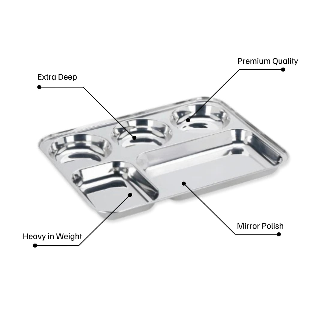 विनोद स्टेनलेस स्टील 5 कम्पार्टमेंट मेस ट्रे गोल किनारों के साथ / आयताकार स्टील थाली / लंच और डिनर प्लेट / भोजन थाली - 2 पीस 