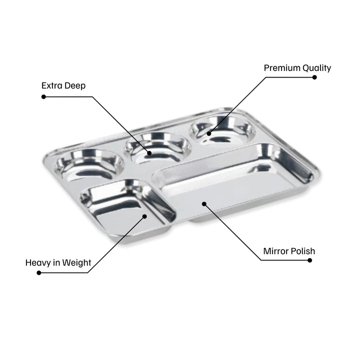 विनोद स्टेनलेस स्टील 5 कम्पार्टमेंट मेस ट्रे गोल किनारों के साथ / आयताकार स्टील थाली / लंच और डिनर प्लेट / भोजन थाली - 2 पीस 