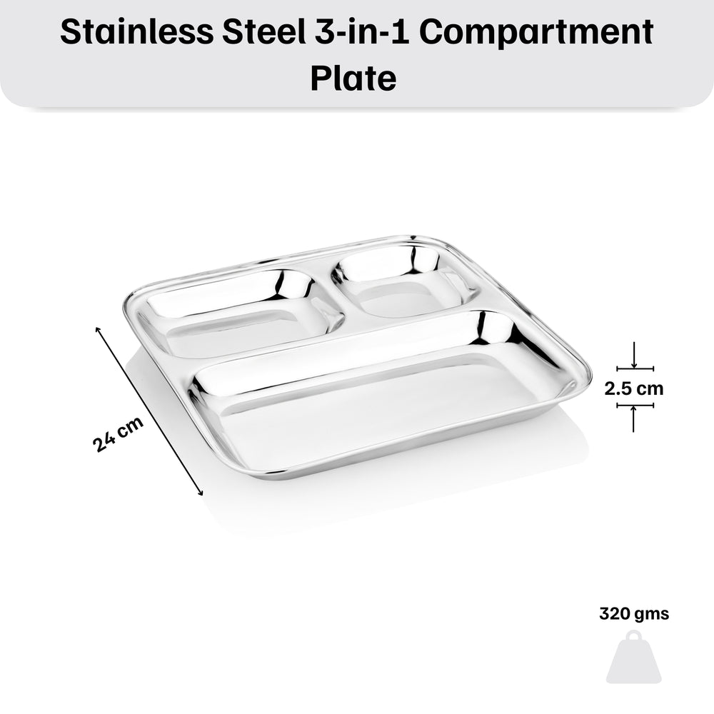 Vinod stainless steel 3 compartment pav bhaji plate with square edges, pack of 2, in-use view