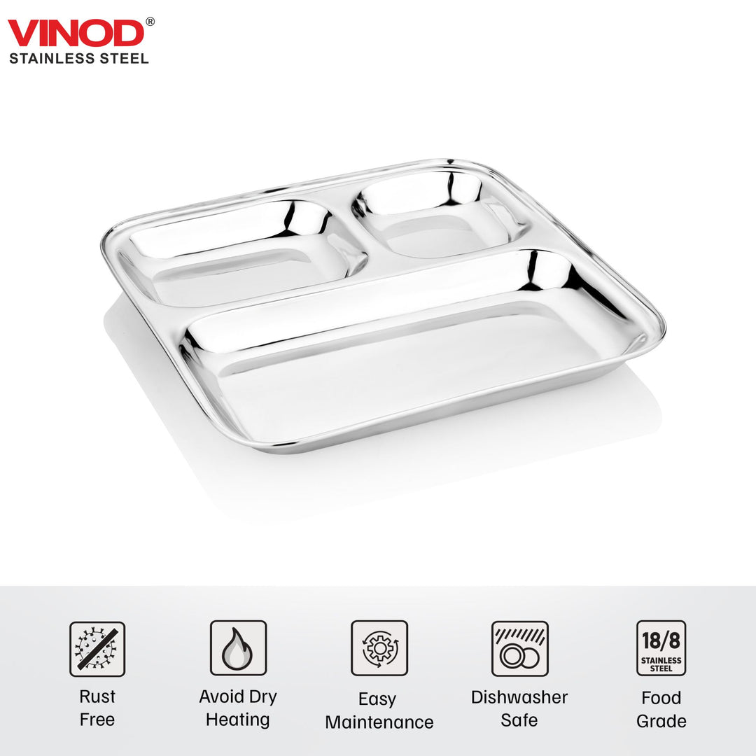 विनोद स्टेनलेस स्टील 3 कम्पार्टमेंट प्लेट चौकोर किनारों के साथ / पाव भाजी प्लेट / लंच / डिनर के लिए स्टील सर्विंग प्लेट [2 का पैक]