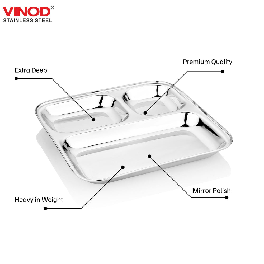 Vinod stainless steel 3 compartment pav bhaji plate with square edges, pack of 2, angled view