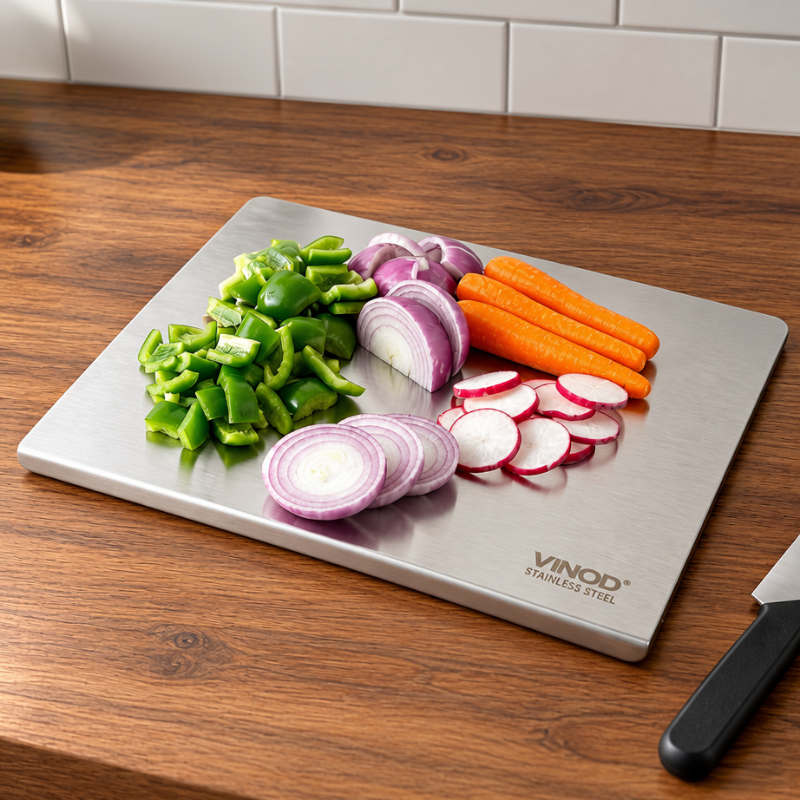 VINOD Stainless Steel Table Top Chopping Board with Counter Edge Stopper – Medium Steel Cutting Board for Chopping, Slicing, Mincing & Kneading. Steel Chopping Board for chopping vegetables, fruits & more.