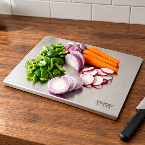 VINOD Stainless Steel Table Top Chopping Board with Counter Edge Stopper – Medium Steel Cutting Board for Chopping, Slicing, Mincing & Kneading. Steel Chopping Board for chopping vegetables, fruits & more.