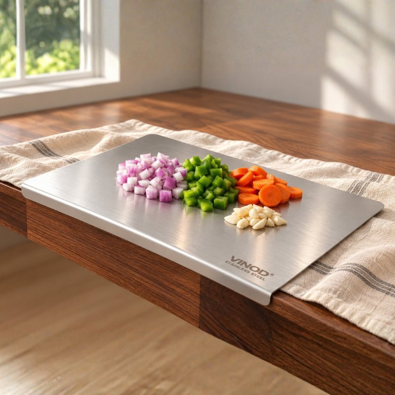 VINOD Stainless Steel Table Top Chopping Board with Counter Edge Stopper – Medium Steel Cutting Board for Chopping, Slicing, Mincing & Kneading. Steel Chopping Board for chopping vegetables, fruits & more.