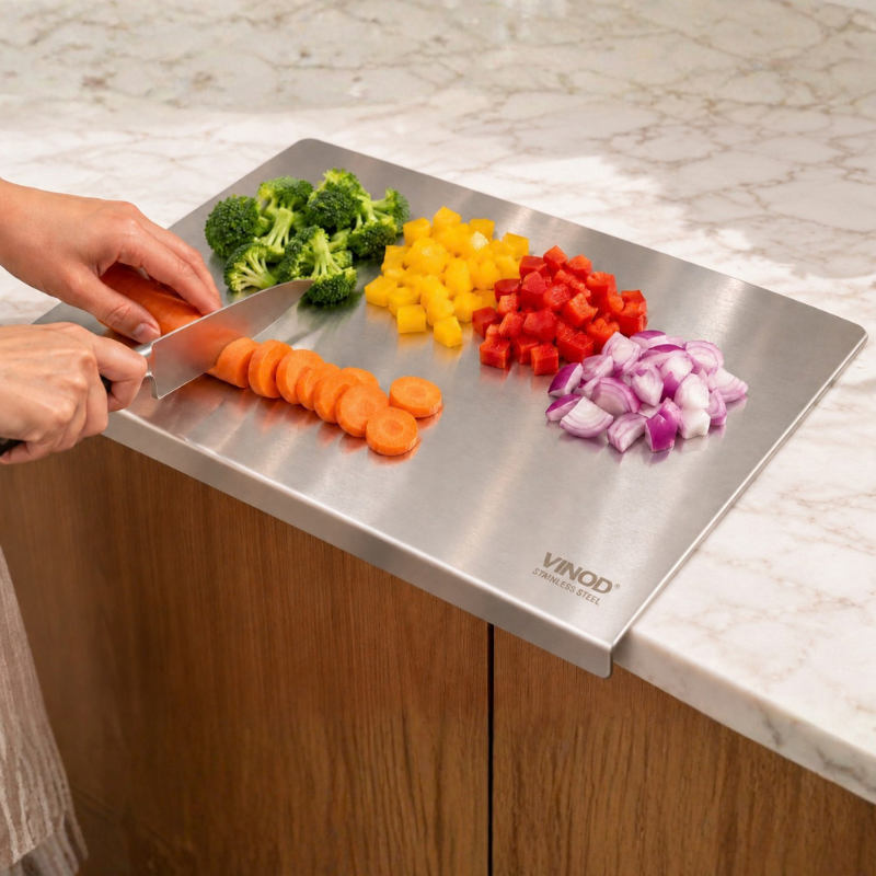 VINOD Stainless Steel Table Top Chopping Board with Counter Edge Stopper – Medium Steel Cutting Board for Chopping, Slicing, Mincing & Kneading. Steel Chopping Board for chopping vegetables, fruits & more.