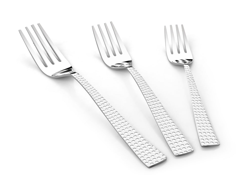 Vinod Aero hammered stainless steel dinner fork set of 12, mirror finish, in-use view