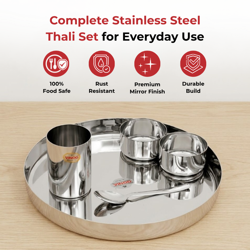 VINOD Stainless Steel Traditional Thali 5 Piece Set - 1 Pc Plate, 2 Pcs Vati, 1 Pc Glass & 1 Pc Spoon, Highest Grade Stainless Steel, Dishwasher Safe, Rust Free