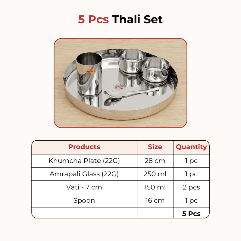 VINOD Stainless Steel Traditional Thali 5 Piece Set - 1 Pc Plate, 2 Pcs Vati, 1 Pc Glass & 1 Pc Spoon, Highest Grade Stainless Steel, Dishwasher Safe, Rust Free