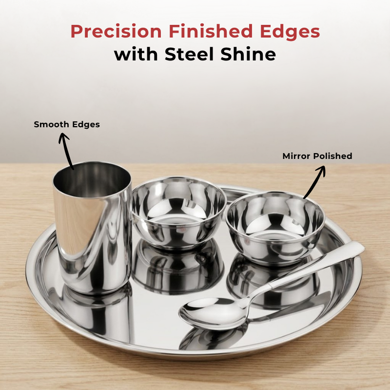 VINOD Stainless Steel Trendy Thali 5 Piece Set - 1 Pc Plate, 2 Pcs Bowl, 1 Pc Glass & 1 Pc Spoon, High Grade Stainless Steel, Mirror Finish, Rust Free