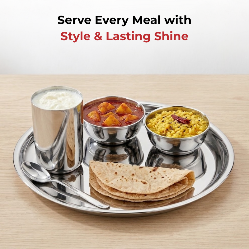 VINOD Stainless Steel Trendy Thali 5 Piece Set - 1 Pc Plate, 2 Pcs Bowl, 1 Pc Glass & 1 Pc Spoon, High Grade Stainless Steel, Mirror Finish, Rust Free