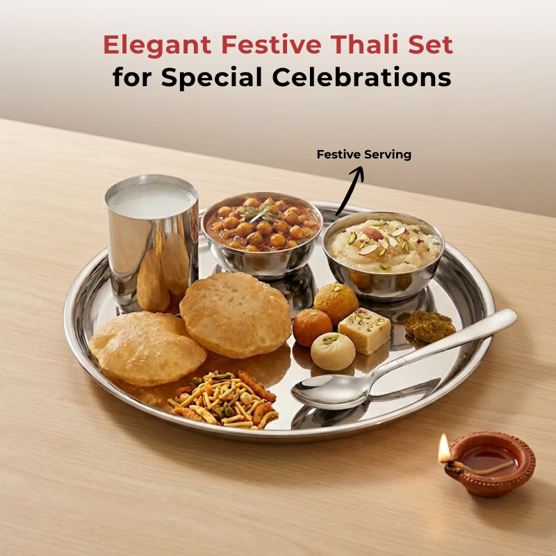 VINOD Stainless Steel Trendy Thali 5 Piece Set - 1 Pc Plate, 2 Pcs Bowl, 1 Pc Glass & 1 Pc Spoon, High Grade Stainless Steel, Mirror Finish, Rust Free