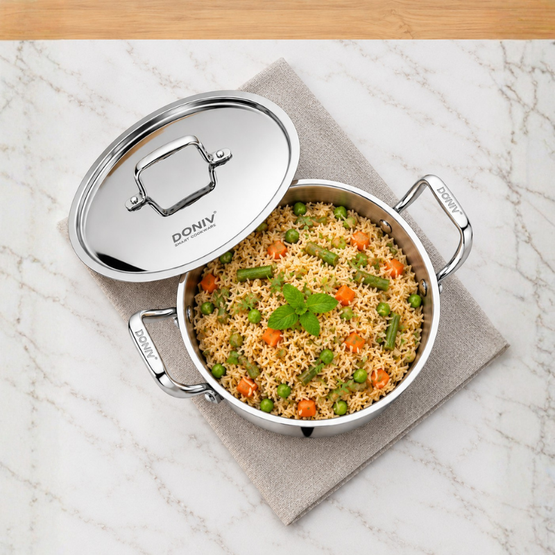 VINOD DONIV Titanium Triply Stainless Steel Deep Kadai with Lid 22 cm, 2.4 L – For Frying, Curries & Gravies