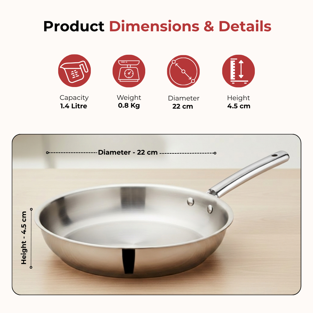 VINOD Doniv Titanium Triply Stainless Steel Fry Pan 22 cms, Induction Friendly