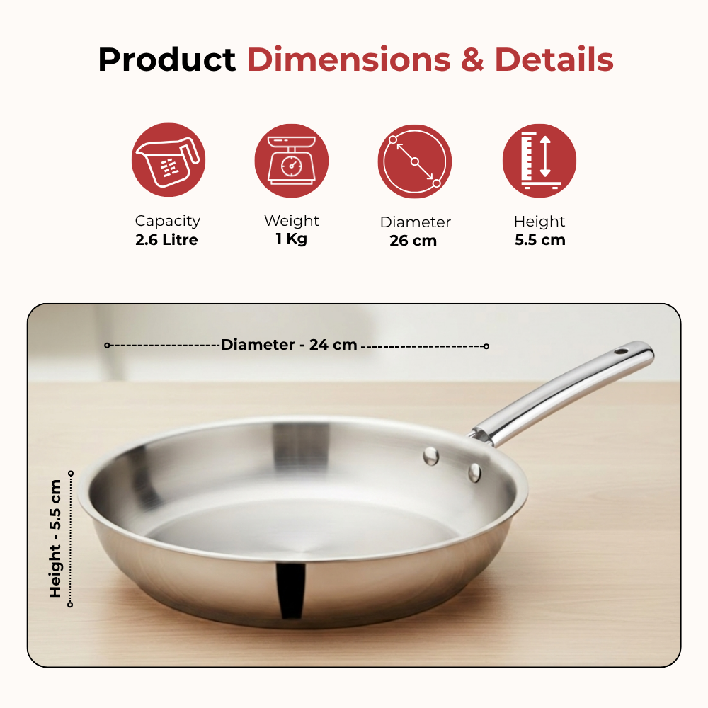VINOD Doniv Titanium Triply Stainless Steel Fry Pan 24 cms, Induction Friendly