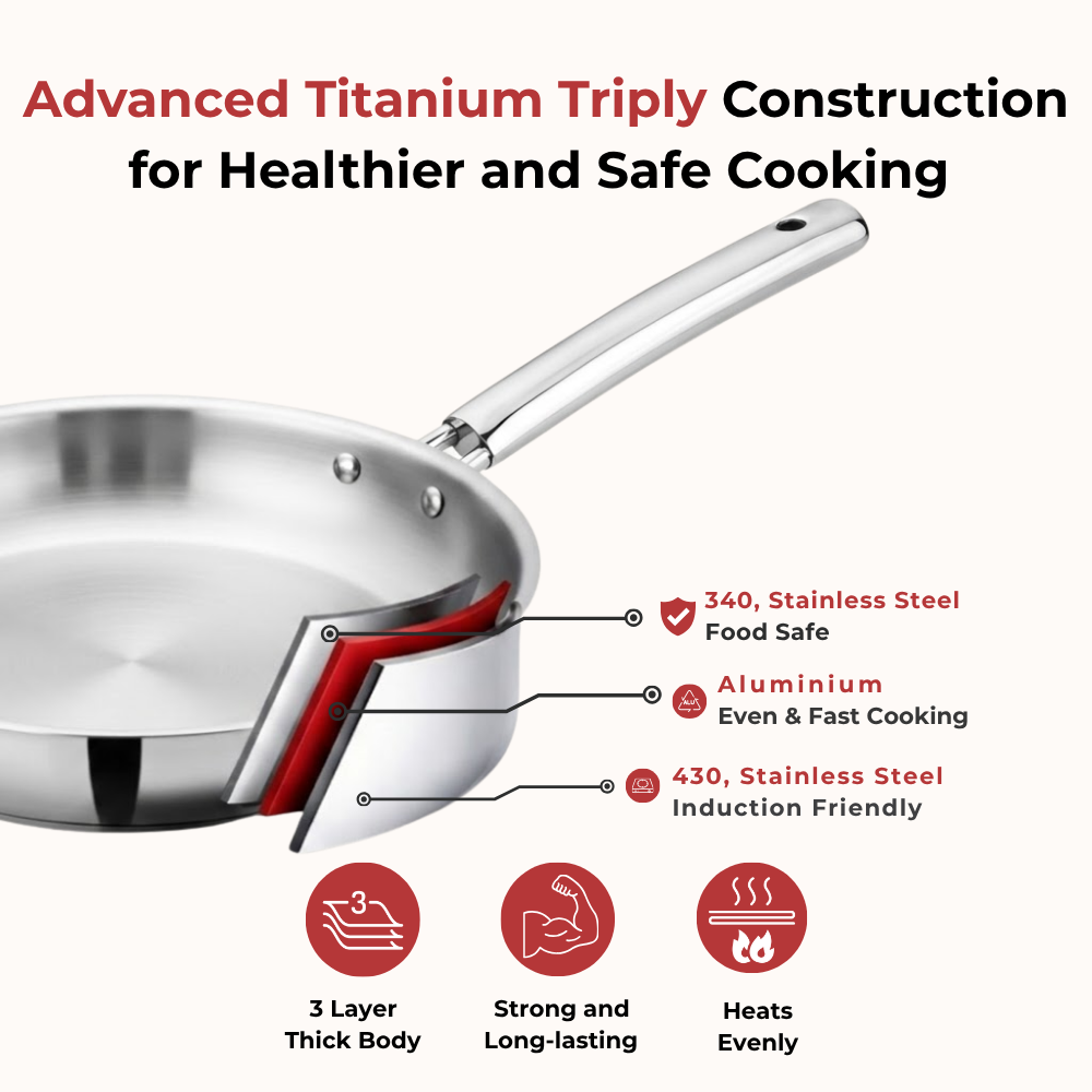 VINOD Doniv Titanium Triply Stainless Steel Fry Pan 22 cms, Induction Friendly