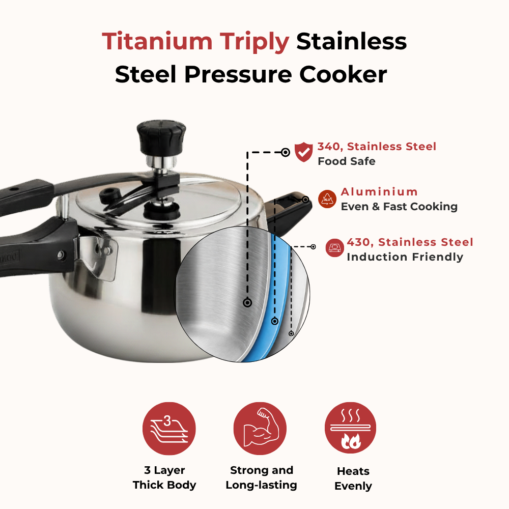 Vinod Doniv Titanium Triply stainless steel pressure cooker with inner lid, 5 litre, in-use view