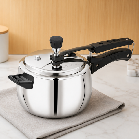 Vinod Doniv Titanium Triply stainless steel pressure cooker with inner lid, 5 litre, front view