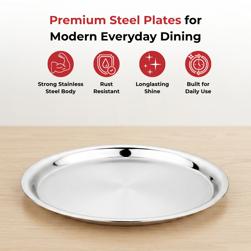 VINOD Stainless Steel Two Tone German Bogi Plate Set of 6 - 31 cm, Lunch Plate, Dinner Plate, Highest Stainless Steel, Mirror Finish