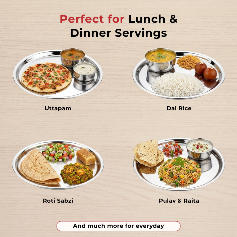 VINOD Stainless Steel Two Tone German Bogi Plate Set of 6 - 31 cm, Lunch Plate, Dinner Plate, Highest Stainless Steel, Mirror Finish