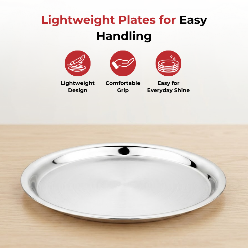 VINOD Stainless Steel Two Tone German Bogi Plate Set of 6 - 31 cm, Lunch Plate, Dinner Plate, Highest Stainless Steel, Mirror Finish